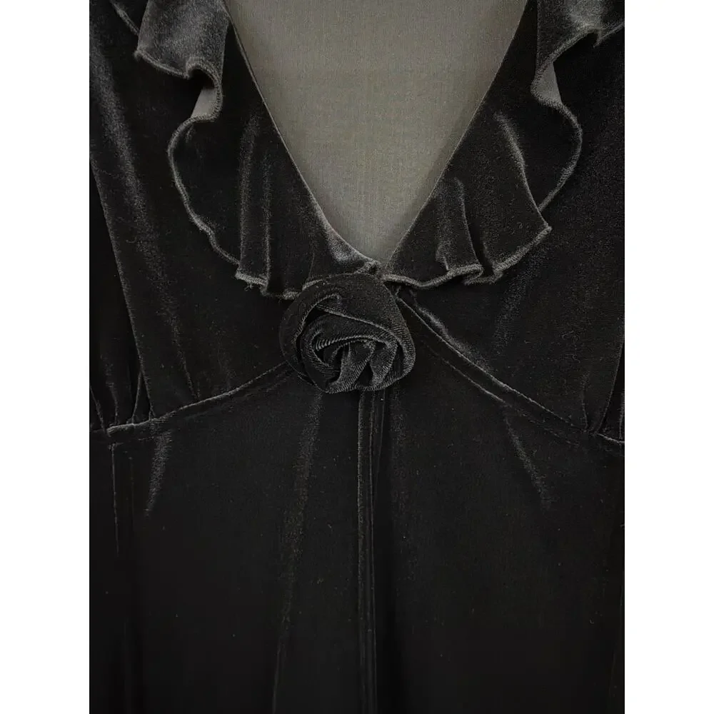 NWT AKS by Amy K Su Black Velvet Ruffled Collar Deep V Neck Top Size XL